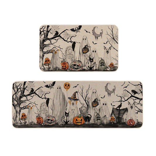 Moutina Halloween Boo Dog Ghost Decorative Kitchen Rugs Set of 2, Halloween Holiday Party Home Decor Low-Profile Kitchen Mats for Floor - 17x29 and 17x47 Inch