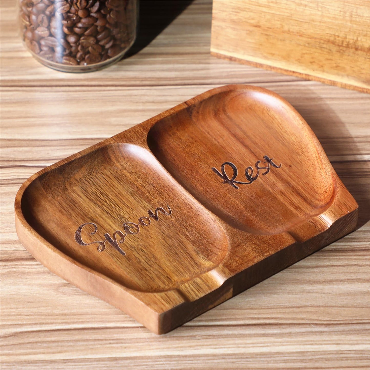 NOOETAH Large Acacia Wood Spoon Rest, Double Wooden Spoon Holder With Non Slip Silicone Feet, Handmade Kitchen Rest for Kitchen Countertop, Brown Labeled "Spoon Rest"