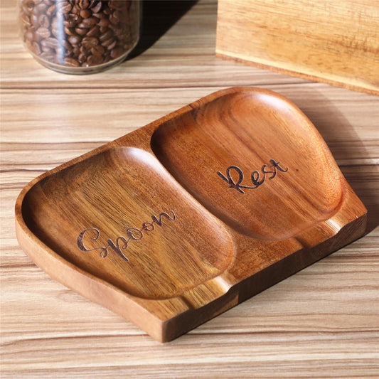 NOOETAH Large Acacia Wood Spoon Rest, Double Wooden Spoon Holder With Non Slip Silicone Feet, Handmade Kitchen Rest for Kitchen Countertop, Brown Labeled "Spoon Rest"