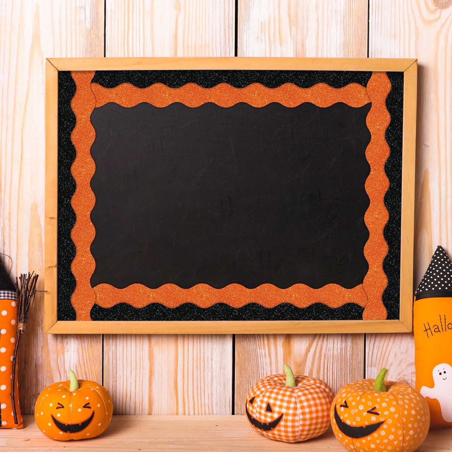 Whaline 131.2Ft Halloween Bulletin Board Border Glitter Orange Black Die Cut Trim Border Roll for Classroom Home Office Chalkboard Wall Decor, 2 Rolls