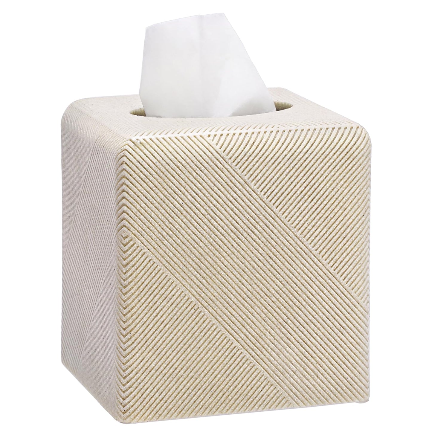 Twill Texture Tissue Box Cover Square, Resin Facial Tissue Holder Covers Square Cube Tissue Box Holder with Open Bottom for Bathroom Vanity Tops, Bedroom Dressers, Kitchen Countertop, Travertine Beige