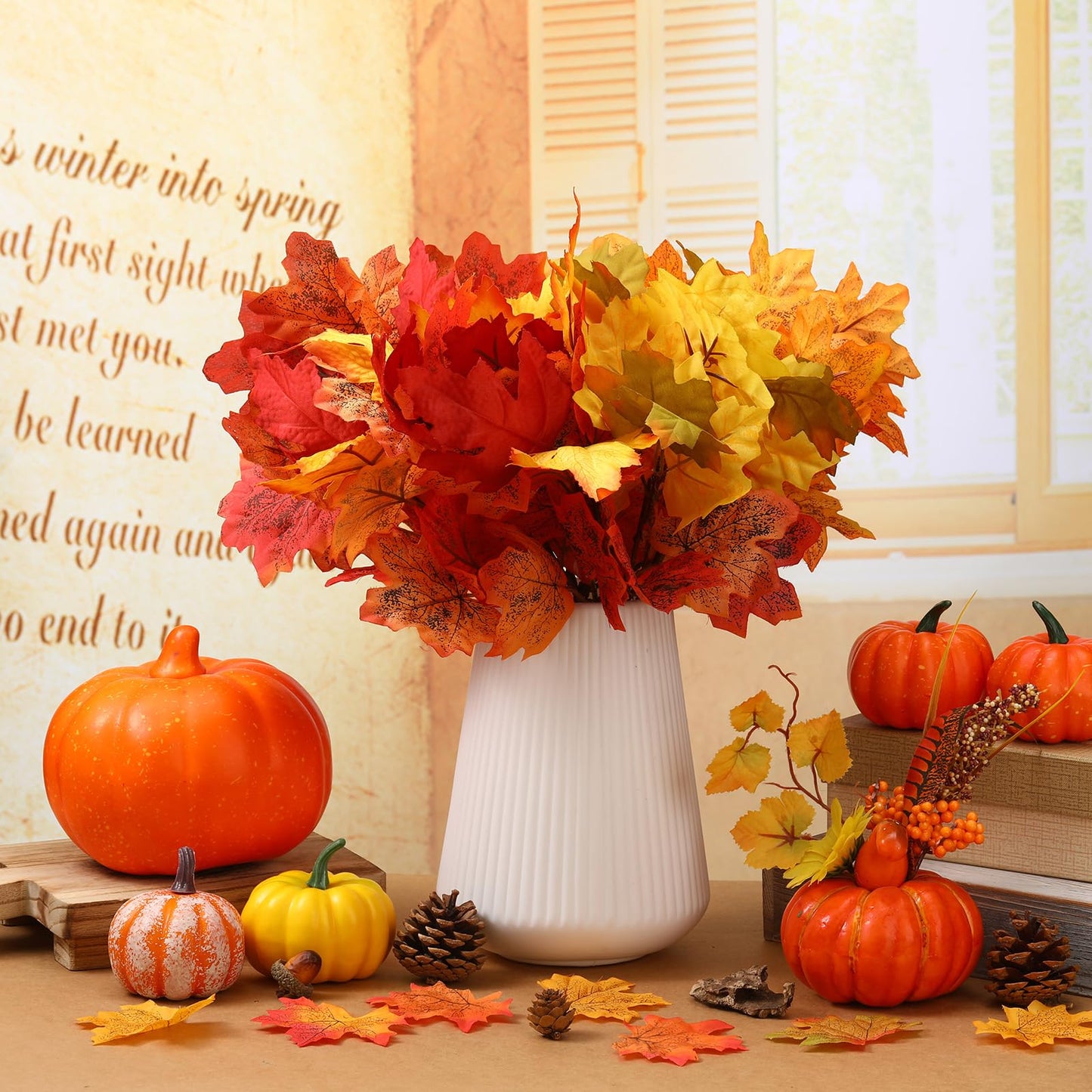 Tigeen 8 pcs Fall Leaves Artificial Maple Leaves Branches Thanksgiving Decoration for Table Bulk Autumn Leaf Picks Thanksgiving Centerpieces for Home Vase Fireplace Halloween Décor(Novelty Style)