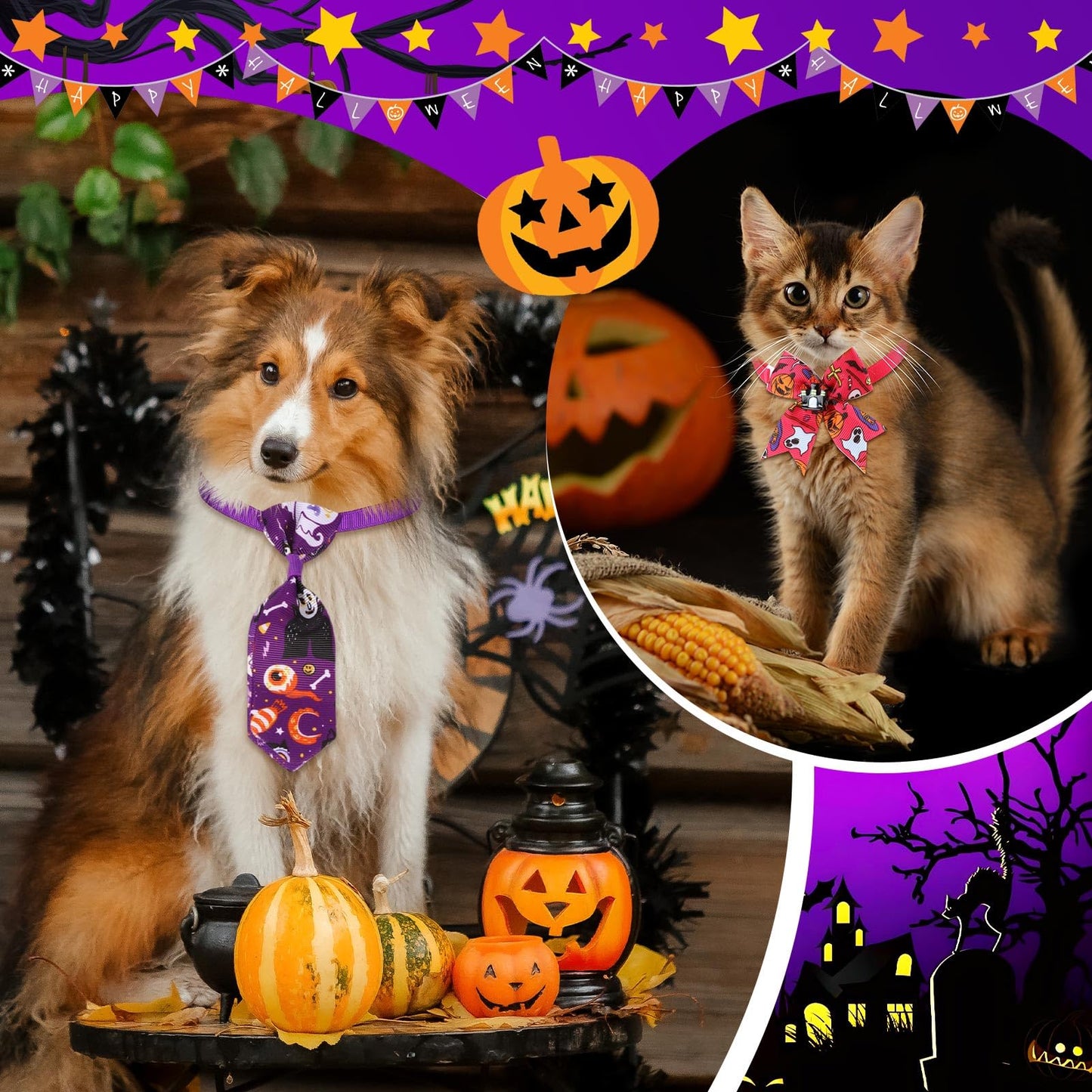 Huhumy 100 Pcs Halloween Dog Bow Tie Collar Bulk Pet Bow Tie Adjustable Dog Bowties Neckties Collars for Small Medium Pet Supply(Halloween)