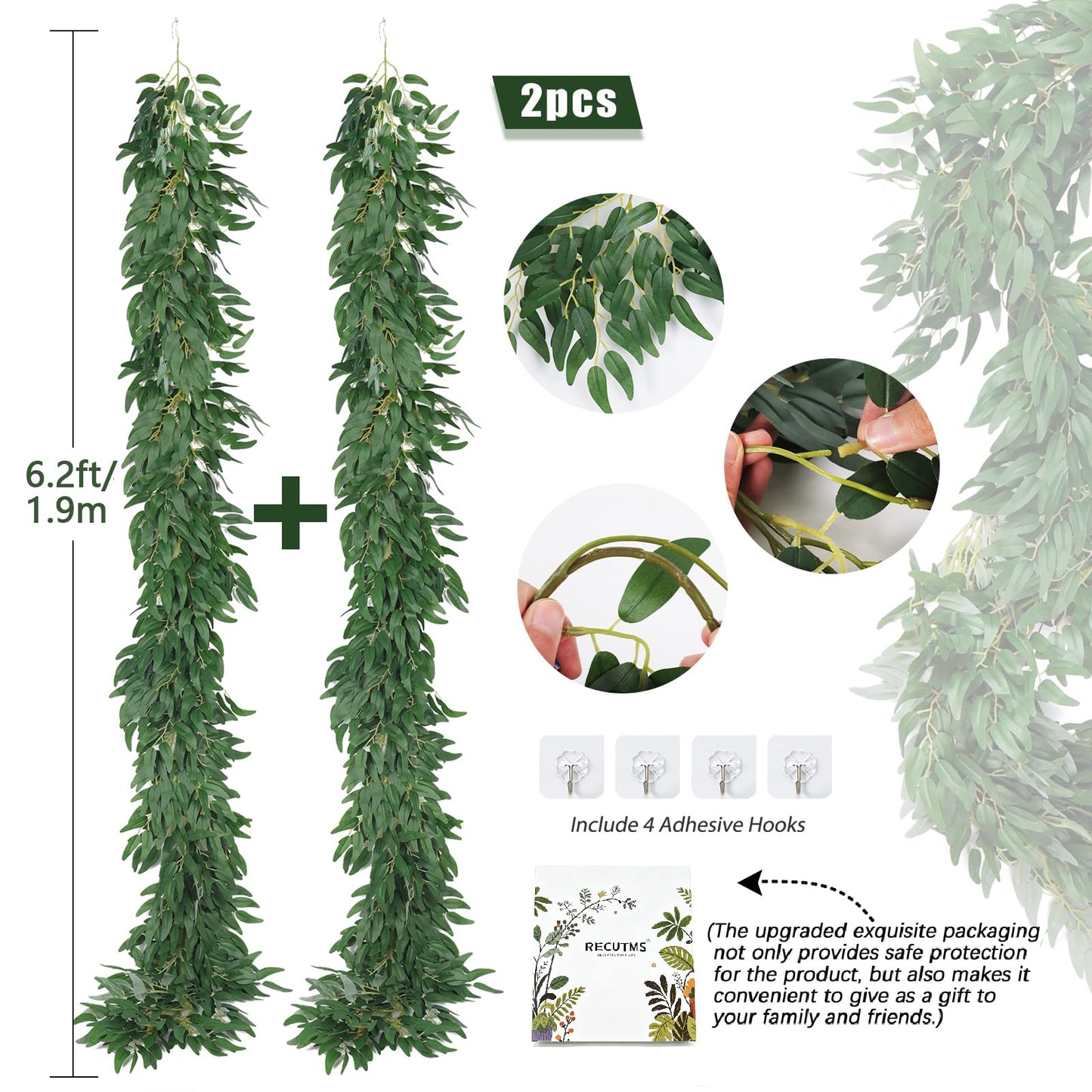 RECUTMS Artificial Willow Leaves Vine Twigs 2Pcs 6.2Ft Fake Hanging Plant Silk Leaf Ivy Garland Faux Italian Ruscus Greenery Indoor Outdoor Wedding Arch Jungle Beach Birthday Party Garden Decor