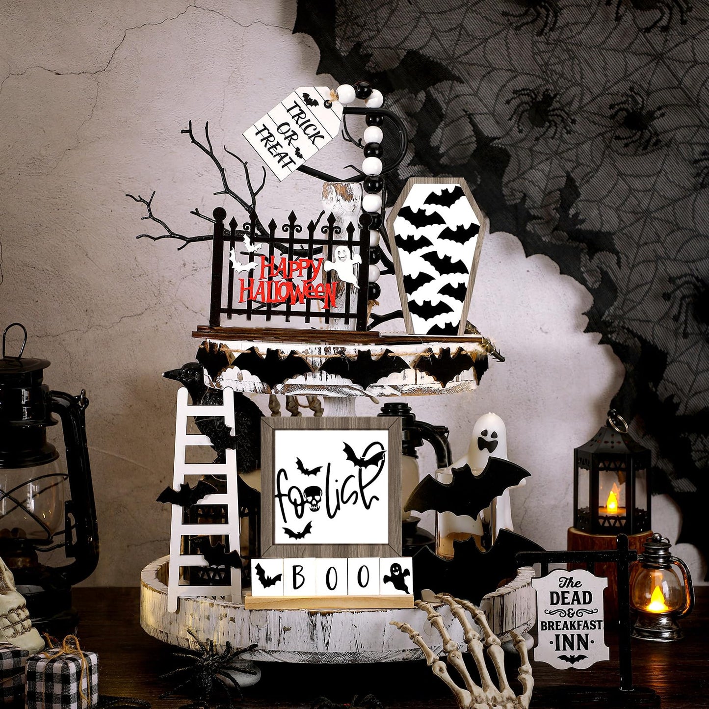 Umigy 15 Pcs Halloween Tiered Tray Decor Set Cute Ghost Tray Decorations Boo Halloween Wooden Signs Farmhouse Rustic Decoration for Home Table Party Supplies(Bat)