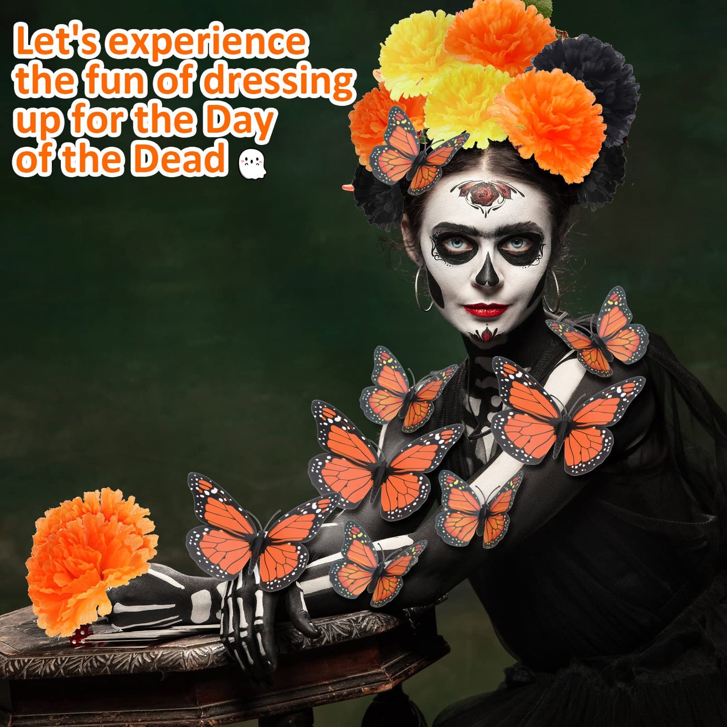 80 Pcs Artificial Marigold Flowers Monarch Butterfly Decorations Kit Dia De Los Muertos Decor Day of The Dead Decorations Include 20 Fake Butterflies for Crafts 60 Marigold Flowers for Diwali Mexican