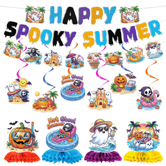Papiailove Summer Halloween Party Decorations - 13Pcs Ghost and Pumpkin Theme Banners with Hanging Swirls, Honeycomb Centerpieces for Birthday Baby Shower Pool Party, Spooky Summer Party Decor