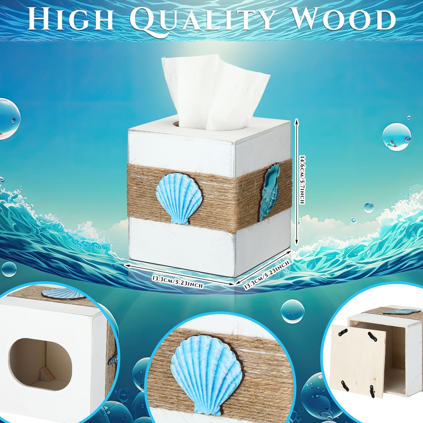 Threehoney Wood Tissue Box Cover Square Beach Farmhouse Bathroom Accessories Conch Starfish White Tissue Box Holder with Slide Out Bottom Rustic Ocean Room Decor Coastal Napkin Holder