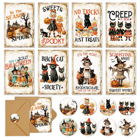 Whaline 40 Pack Vintage Halloween Greeting Cards with Envelopes Stickers Witch Black Cat Blank Note Cards for Trick or Treat Party Supplies, 4 x 6 Inch