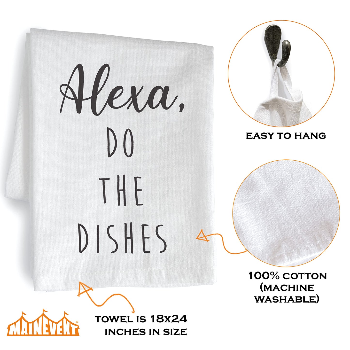 MAINEVENT Alexa Do The Dishes 18x24 Inch White Cotton Kitchen Towel