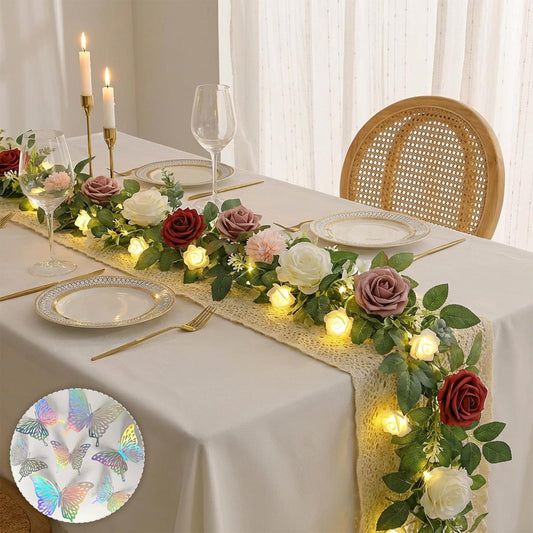 Floraobley 5.5FT Artificial Flower Garland Burgundy Rose & Greenery for Wedding Arch Backdrop Table Centerpiece Mantel Decor, with 3D Butterflies & Decorative Accessories