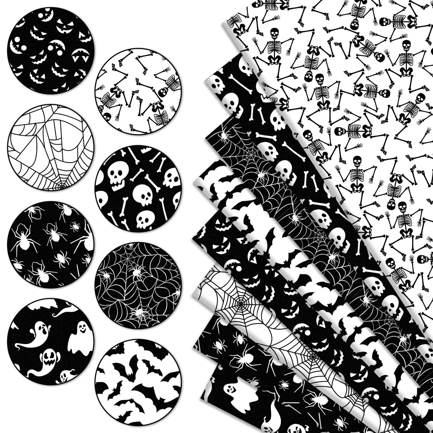 JarThenaAMCS 8Pcs Halloween Cotton Fabric Bundles Ghost Skull Bat Spider Web Fat Quarters Spooky Black White Quilting Patchwork for DIY Sewing Craft Decor, 18 x 22 Inch