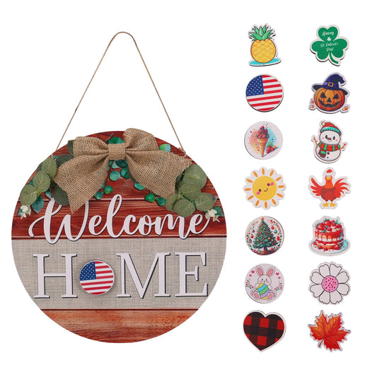 Lyeasw Interchangeable Seasonal Welcome Sign for Front Door Decor, Round Welcome Wreath Wall Hanging, Farmhouse Front Porch Door Decor for Spring Summer Fall Winter, Holiday Home Decorations