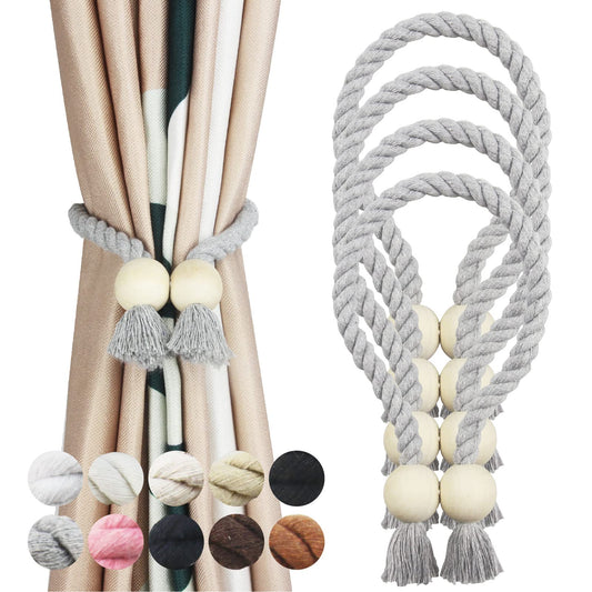 Porlau 4 Pack Grey Magnetic Curtain Tiebacks Cotton Hand Woven Tieback Holdback Decorative Tie Backs for Drapes with Wooden Buckle No Tools Required
