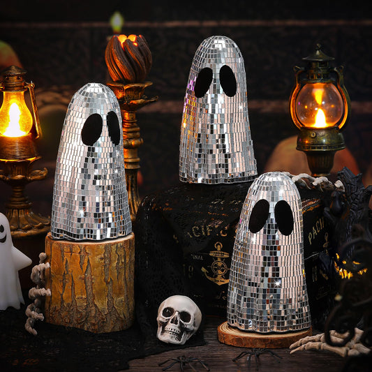Gemscream 3 Pcs Halloween Disco Ghost Decor 5.9 Inch Silver Mirror Disco Balls Table Decoration Silver Glitter Spooky Ghost Sign Halloween Tiered Tray Decor Mosaic Table Centerpiece for Party Gift