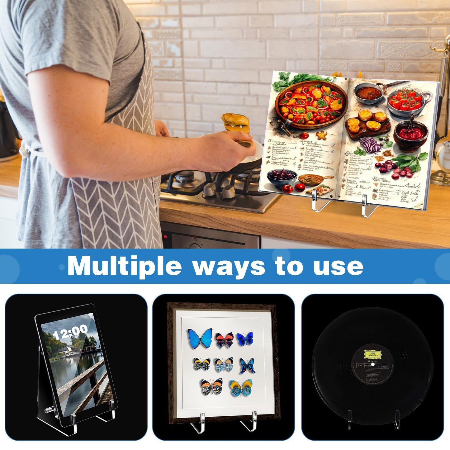 Cinnvoice Acrylic Cookbook Stand for Kitchen Recipe Book Holder for Kitchen Counter Multi-Purpose Display Stand 8.8 x 4.72 Inch Kitchen Countertop Acrylic Recipe Decor (Transparent)