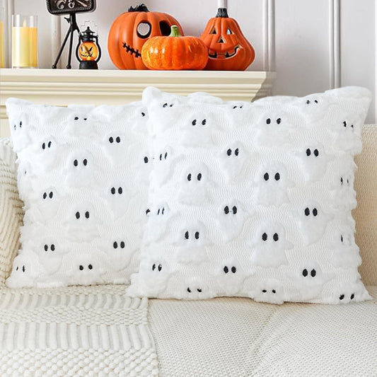 cygnus Halloween Ghost Pillow Covers 18x18 inch White Throw Pillow Covers for Couch Sofa Bedroom Livingroom Soft Plush Faux Fur Couch Pillows for Halloween Decoration