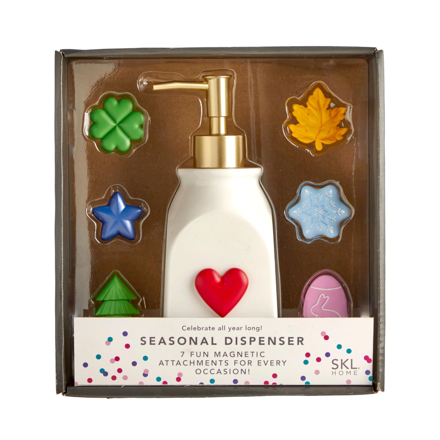 SKL Home Seasonal Soap/Lotion Dispenser Gift Set with 7 Interchangeable Magnetic Holiday Attachments, Refillable for Bathroom & Kitchen, Gold