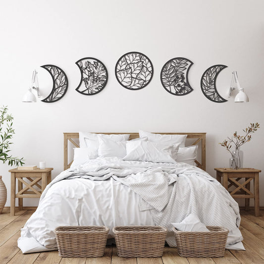 Jetec 5 Pcs Moon Phase Wall Art Decor Wall Pediments Hanging Wooden Phase Spiritual Bedroom Nordic Boho Lunar Aesthetic Art for Living Room Dorm Apartment Ornament(Black,10.6 Inch,Botanical)