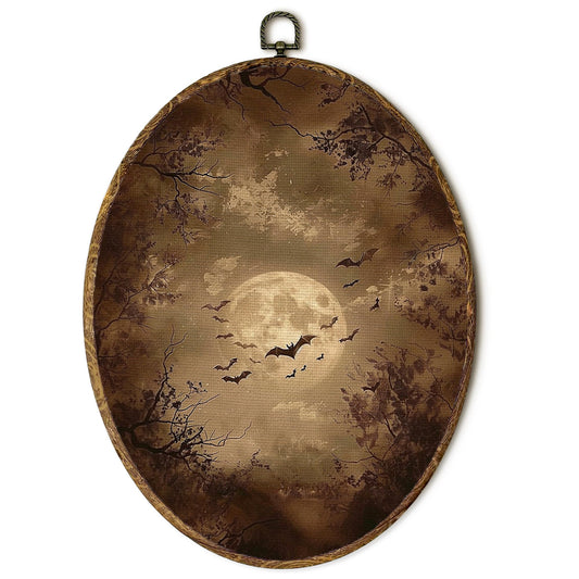 EGVQK Vintage Halloween Bats Oval Wall Art Decor, Moody Dark Academia Framed Canvas Prints Wall Art, Spooky Dark Forest Oval Canvas Hanging Decor for Scary Halloween Decorations Indoor, 8.5x11.5in