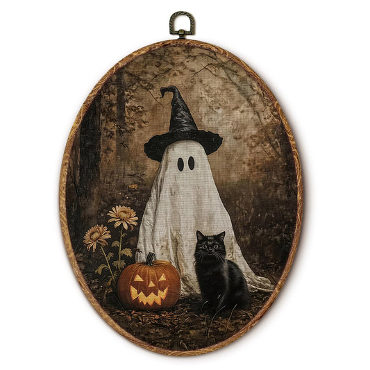 fZSZSD Halloween Witchy Ghost Pumpkin Black Cat Oval Wall Art Decor, Moody Fall Oval Framed Canvas Art Prints, Rustic Forest Spooky Wall Hanging Decor for Home Bedroom Living Room, 8.5x11.5 Inch