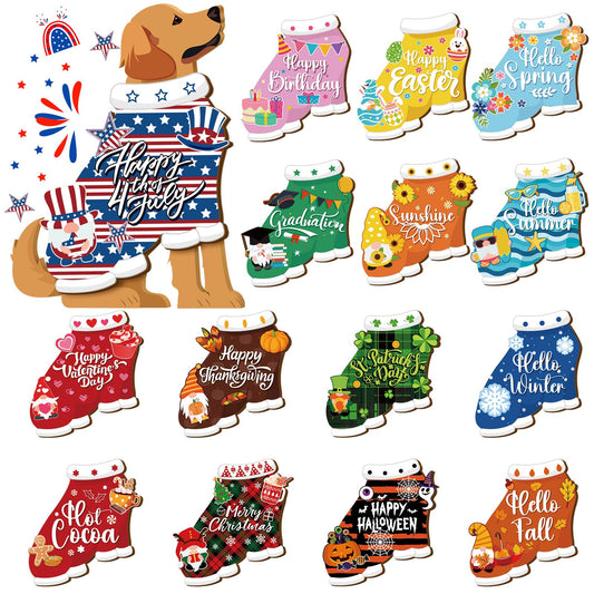 Barydat 16 Pcs Seasonal Dachshund Table Sign for All Seasons Lovely Interchangeable Table Decoration, Wooden Rustic Holiday Centerpieces Summer Patriotic Dachshund Independence Day Sign(Cute Dog)