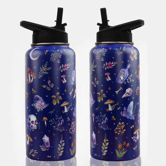 Insulated Goth Water Bottle 32 oz, Goth Gifts for Women, Halloween Gothic Water Bottle with Straw and Lid, Reusable Leakproof Tumbler Stainless Steel