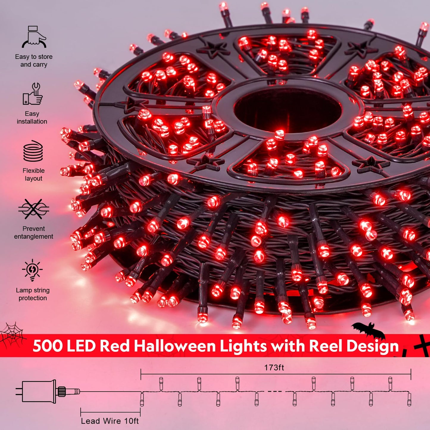 JMEXSUSS 500 LED Red Christmas Lights Outdoor, 173ft Christmas String Lights with Remote, Waterproof 8 Modes Red Halloween Light for Tree Party Xmas Holiday Decorations