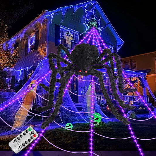 Brighter Spider Webs Halloween Decorations Lights,250 Purple LED Light Up,8 Modes 16.4Ft Giant Spiderweb with Remote Control,48'' Giant Spider,Halloween Decor for Yard Outside