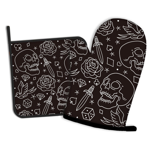 Skull Head with Rose Oven Mitts and Pot Holders Kitchen Cooking Gloves 2 Pcs Set Heat Resistant Pad for Baking BBQ Home Decor