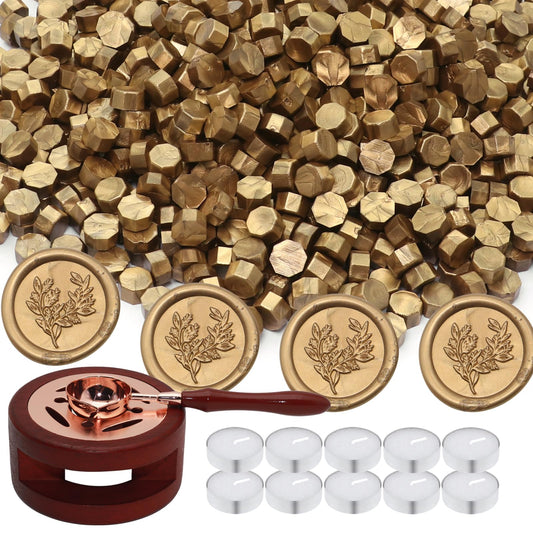Andotopee Wax Seal Beads Kit - 300pcs Antique Gold Sealing Wax Beads with Wood Melting Warmer, Spoon & 10 Mini Candles for Stamp Seals, Wedding Invitation, Envelope, Cards, Gift Wrapping Decorations