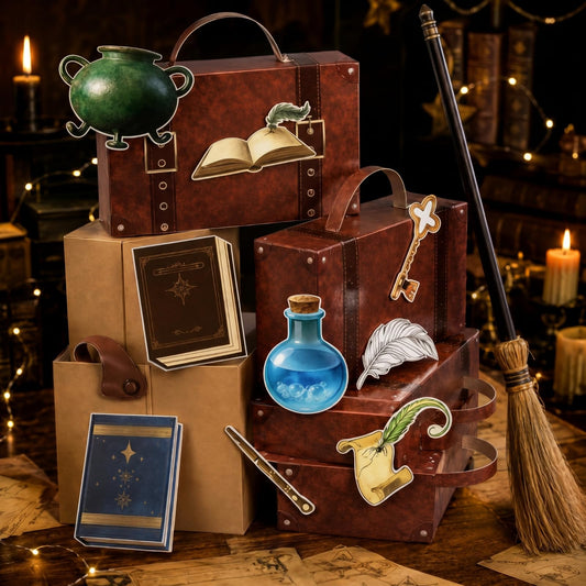 Sabary 17 Pcs Magical Wizard Party Decorations Set Vintage Library Boxes Broomstick Cards Birthday Party Decorations for Magical School Theme Photo Booth Table Centerpieces