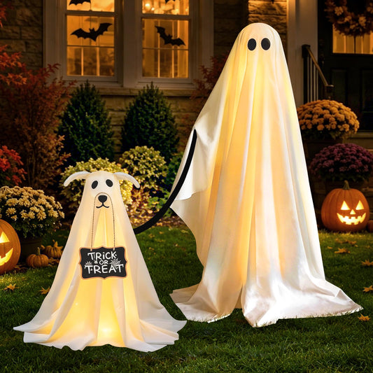 Halloween Decorations Outdoor - Spooky Ghost Dog Halloween Decor Indoor for Party Decorations and Yard, Ghost Decor with Remote Control String Lights - 2 Pack