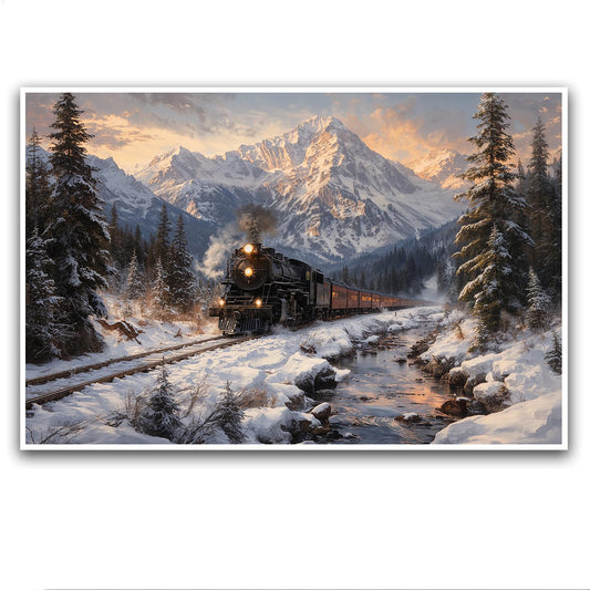 XWNLTEPK Winter Train Scenery Canvas Print Poster Wall Art Wall Decoration Winter Atmosphere Poster Suitable for Living Room Bedroom Farmhouse Home Decor Christmas Snow Mountain Pine Tree