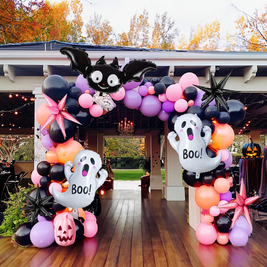 Summerween Pink purple black Balloon Garland Arch Kit 122Pcs with Cute Bat Ghost mylar foil Balloons for Girls Two spooky Halloween Birthday Baby Shower Party Decorations Horror BOO Day Party Supplies