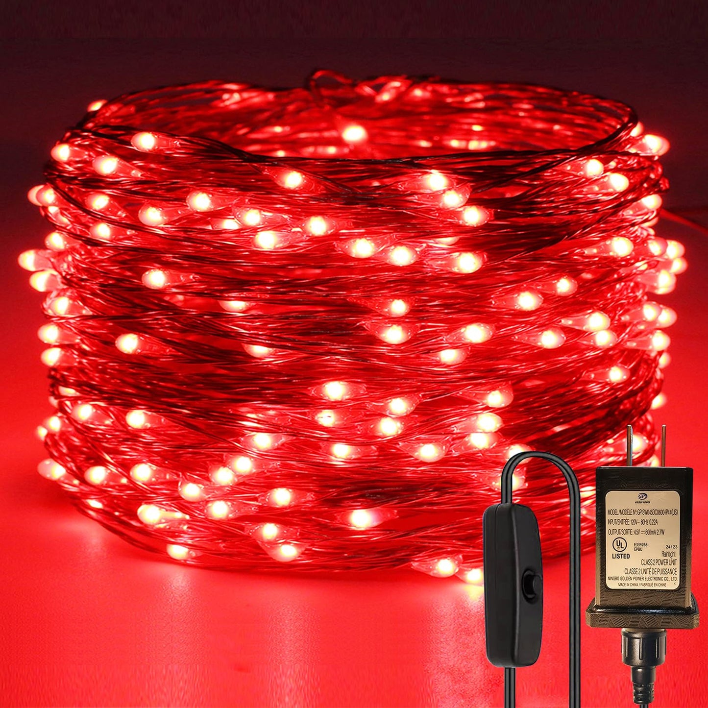 RUICHEN Plug in Fairy String Lights with Switch, Waterproof 66 Ft 200 LED Copper Wire Firefly Lights for Christmas, Parties, Wedding, Ceiling, Craft, Vases, Red