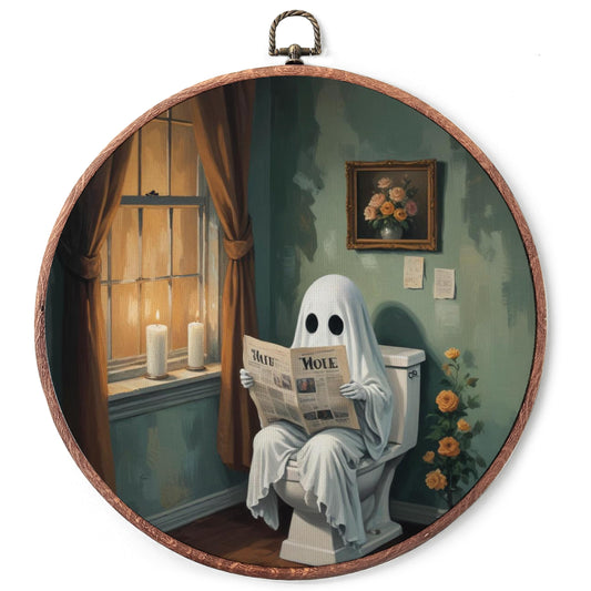 BONETAT 1PCS Fall Ghost Halloween Round Wall Art,Vintage Fall Canvas Framed Cottagecore Ghost Artwork,Ghost Pictures Decor Hanging for Home Living Room,Bedroom,Inspirational Gift for Women - A05