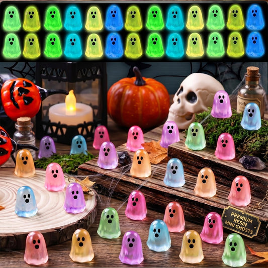 zmzdp 100pcs Halloween Mini Ghosts Figures, Luminous Mini Resin Ghost Figurines, to Hide Glow in The Dark Tiny Ghost Figures for Halloween Party Favors, Plant Pot Landscape, Fairy Garden Party Decor
