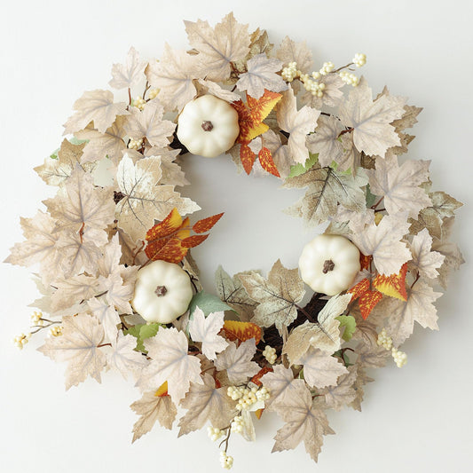 MIZII Fall Wreaths for Front Door 19 inch White Fall Wreath with Artificial Maple Leaves Pumpkin Autumn Leaf Thanksgiving Halloween Harvest Door Decorations for Wall Porch Home Decor (White)