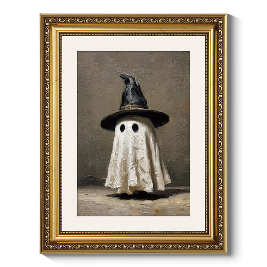 ARPEOTCY Gold Framed Canvas Art, Vintage Halloween Decor, 11x14 Inch, Cute Ghost with Witch Hat Decor for Bedroom Kitchen Living Room Shelf Nursery, Fall Spooky Season Gothic Aesthetic Wall Art