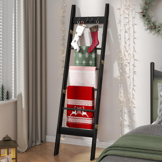 Hzuaneri Blanket Ladder for Living Room, Decorative Quilt Rack with 4 Removable Hooks, 6-Tier Farmhouse Ladder Holder Shelf Organizer for Bedroom, Black BR31504B