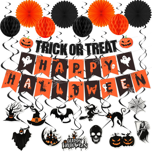 Halloween Party Decorations Indoor, Happy Halloween Banner Sign Decorations Kit with Honeycomb Ball Paper Fans Pumpkin Bat Hanging Swirls Streamers for Home Party Decor