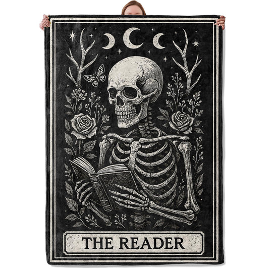 Mounidso Gothic Skeleton Reading Blanket Gifts for Women, Soft Warm Lightweight Flannel Skull Moon Throw Blankets for Bedroom Living Room Home Sofa Camping Decor 50" x 60", Goth Floral Throws