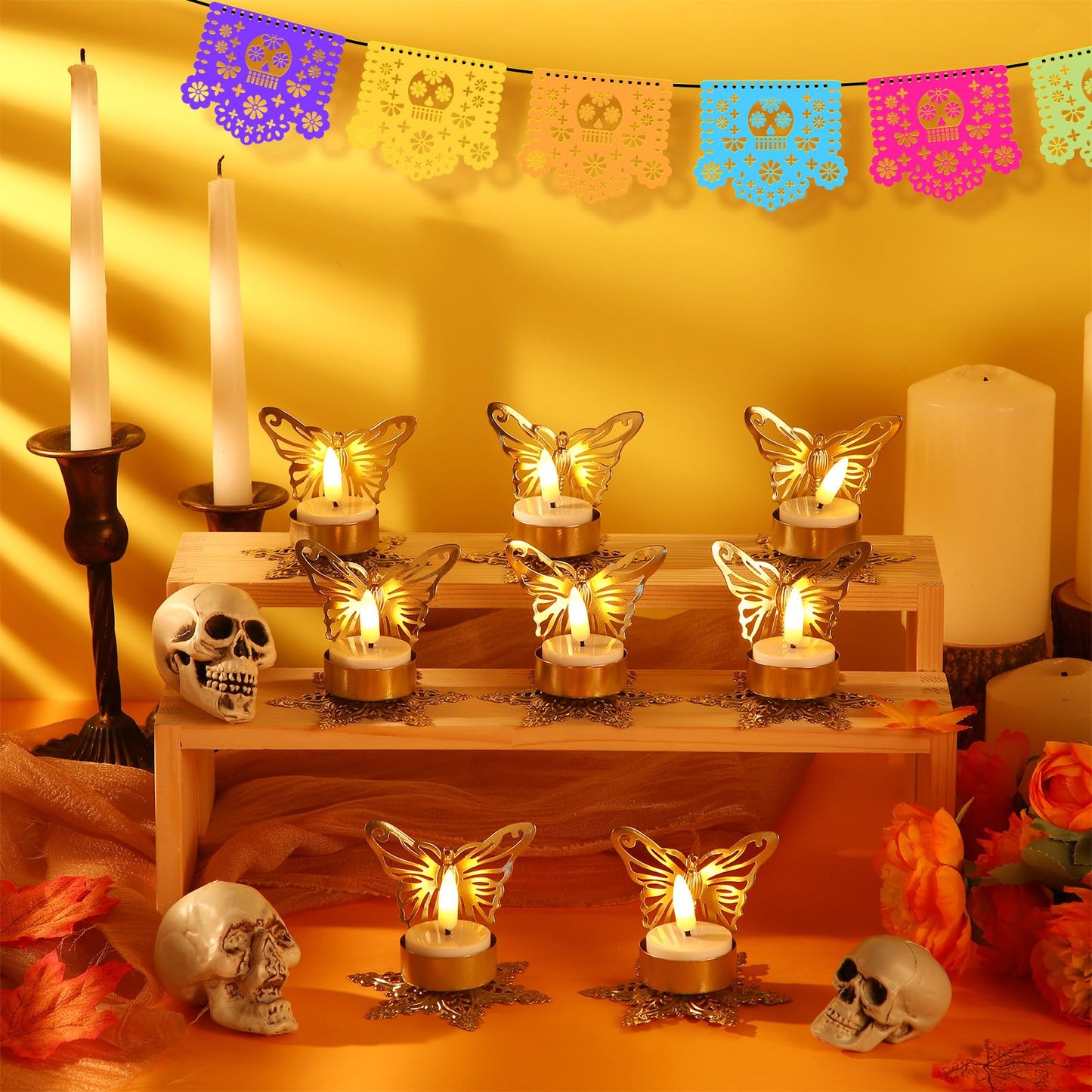 LemonRoad 8 Pcs Day of the Dead Hollow Candlestick Día De Los Metal Flower Butterfly Candle Holder for Home Tabletop Decor Mexican Party Day of the Dead Decorations Halloween Party Favors