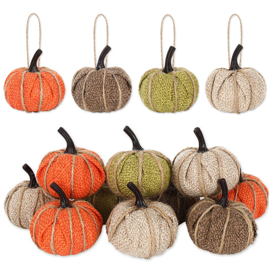 AnyDesign 16Pcs Fall Thanksgiving Pumpkin Hanging Ornament Green Flaxen Orange Brown Burlap Pumpkin Hanging Decors for Autumn Harvest Halloween Christmas Party Tree Mantel Wall Home Decoration