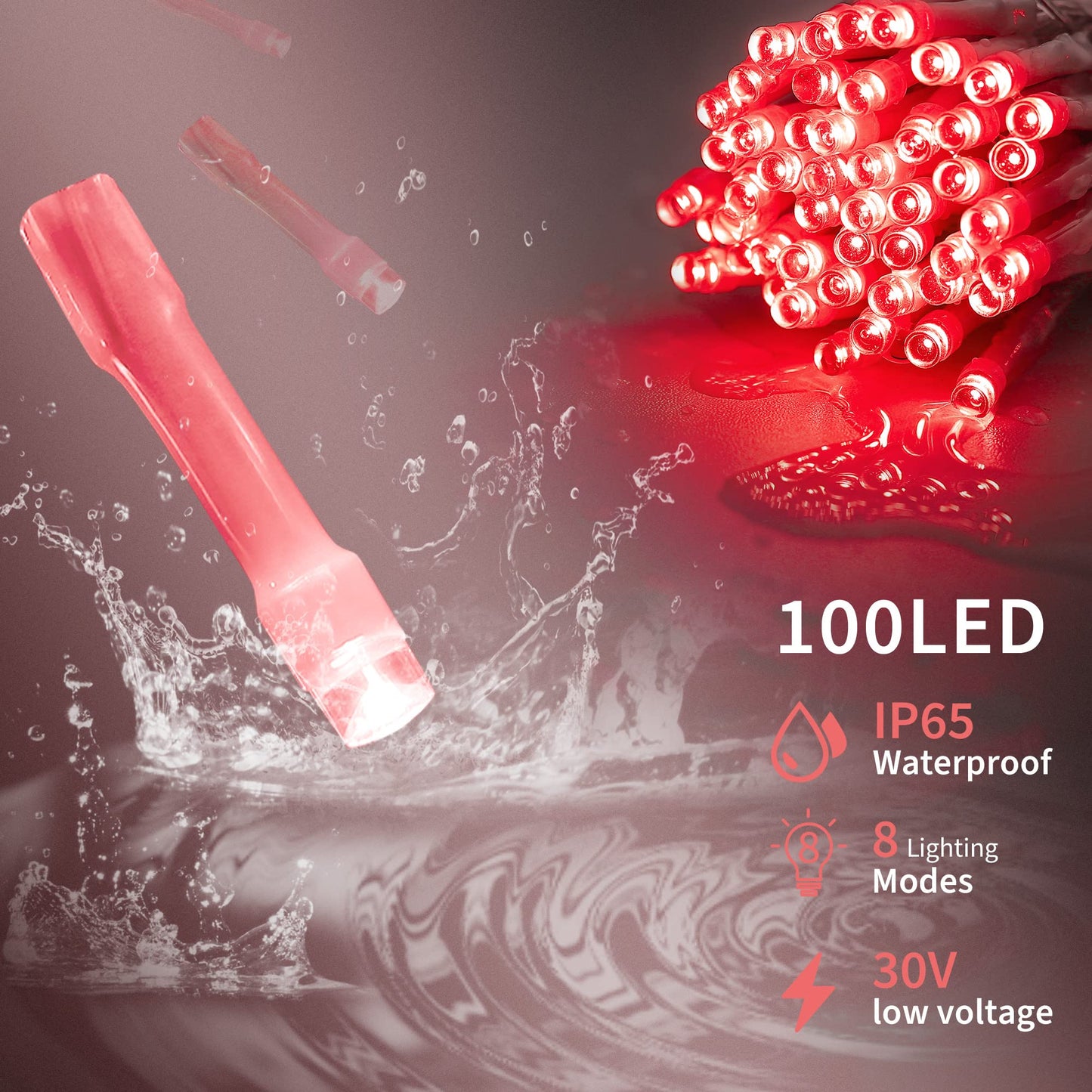 oopswow Red Valentine Lights, 100 LED 33FT Christmas String Lights Plug in