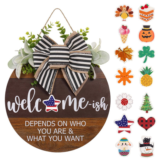 Interchangeable Seasonal Welcome Sign for Front Door, Rustic Round Wood Wreath for Front Door Hanging Decorations, for Spring Summer Fall Halloween Christmas Farmhouse Outdoor Home Wall Decor (12Inch)