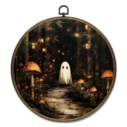 OINDADE Fall Halloween Ghost Round Wall Art Decor, Vintage Dark Cottagecore Ghost Wall Art Hanging Decor, Fall Halloween WallArt, Rustic Mushroom Framed Canvas Artwork for Living Room Home, 10x10in