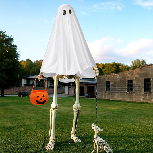 Cozypower 12 ft Skeleton Costume Accessories, Halloween Skeleton Ghost Outfit Set, Includes White Ghost Clothing and Pumpkin Basket for Giant Sized Halloween Garden Outdoor Decor