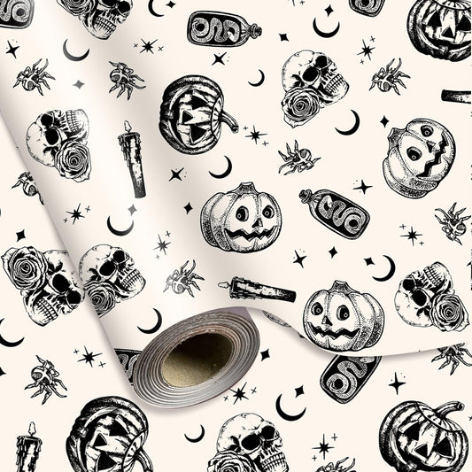 Whaline Halloween Wrapping Paper -Mini Roll- 17 In x 32.8 Ft Beige Black Skull Pumpkin Viper Gift Wrap Paper for Halloween Wrapping Supplies